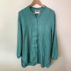 Flax 100% Linen Teal Striped Button Down Tunic Top